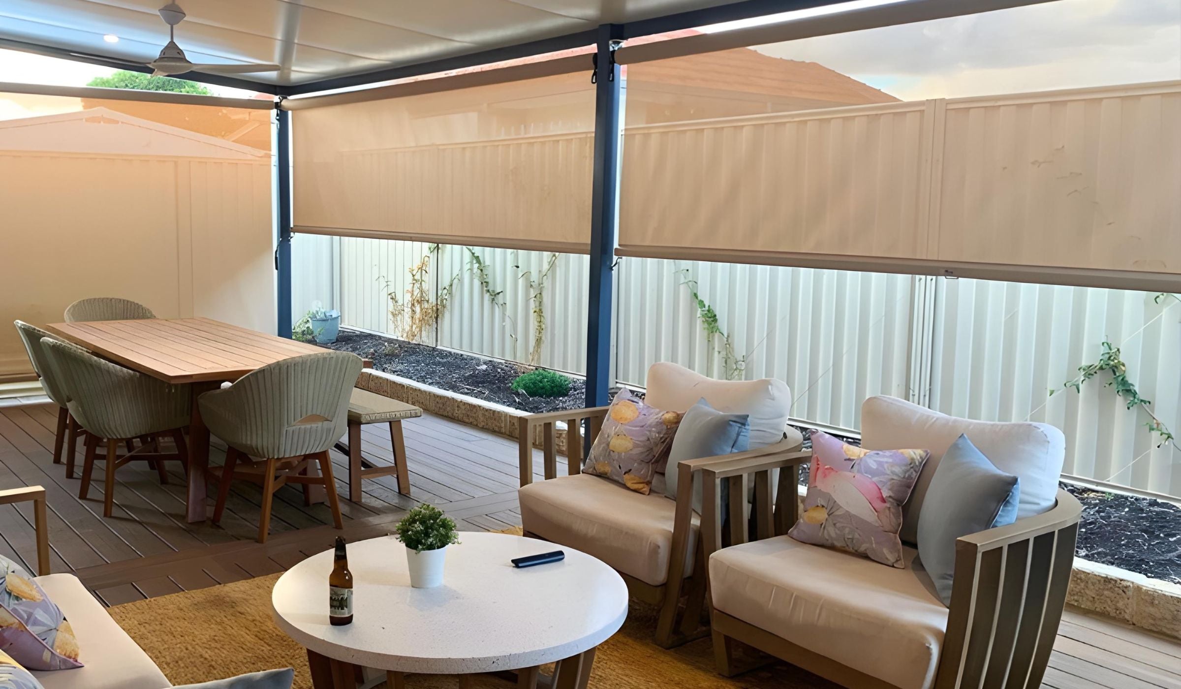 Outdoor blinds installed on a Brisbane patio showing how Horizon’s process works from measure to install