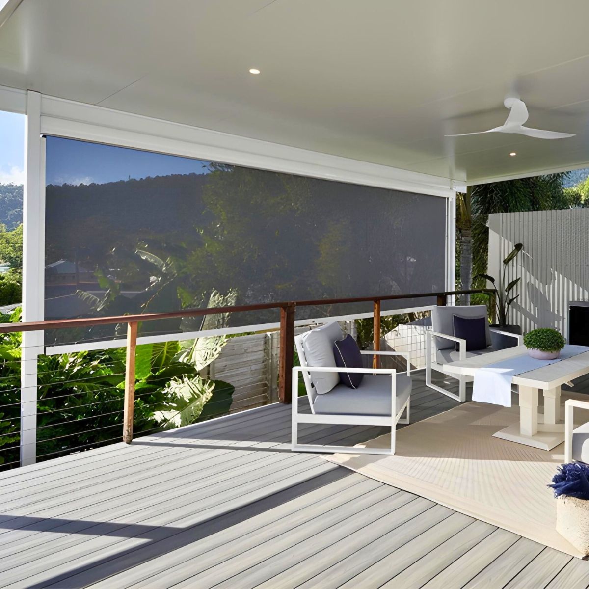 Fully installed outdoor blinds on a Brisbane home completed neatly by Horizon’s in house team