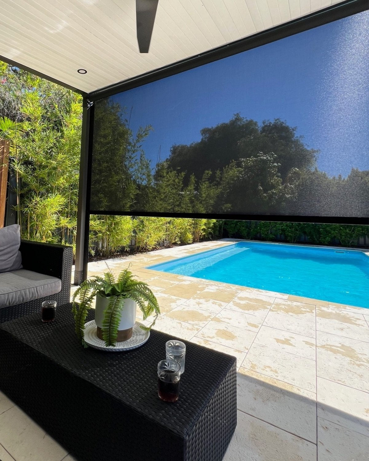 Outdoor blinds installed on a Brisbane patio, showing quality materials and professional finish.