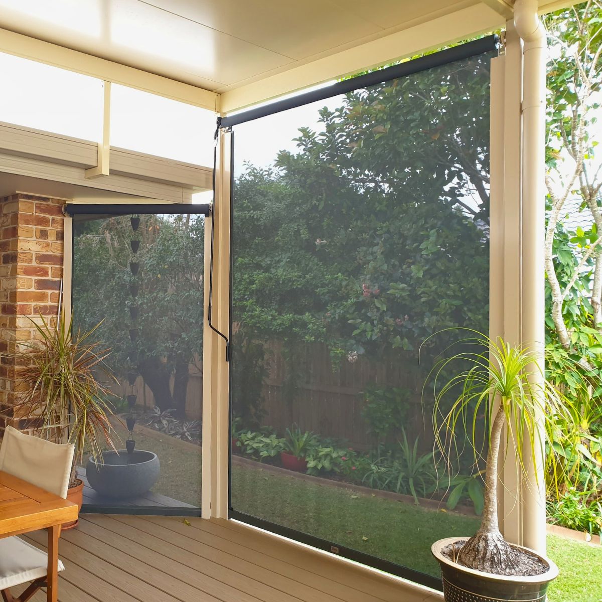 Custom outdoor blinds fitted to a Brisbane home showing precise sizing and tailored installation
