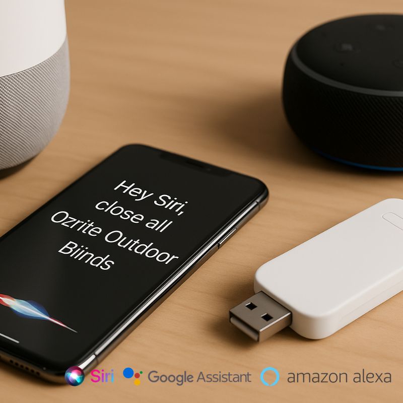 Smart hub for Horizon motorised outdoor blinds compatible with Google Home and Alexa for app and voice control.