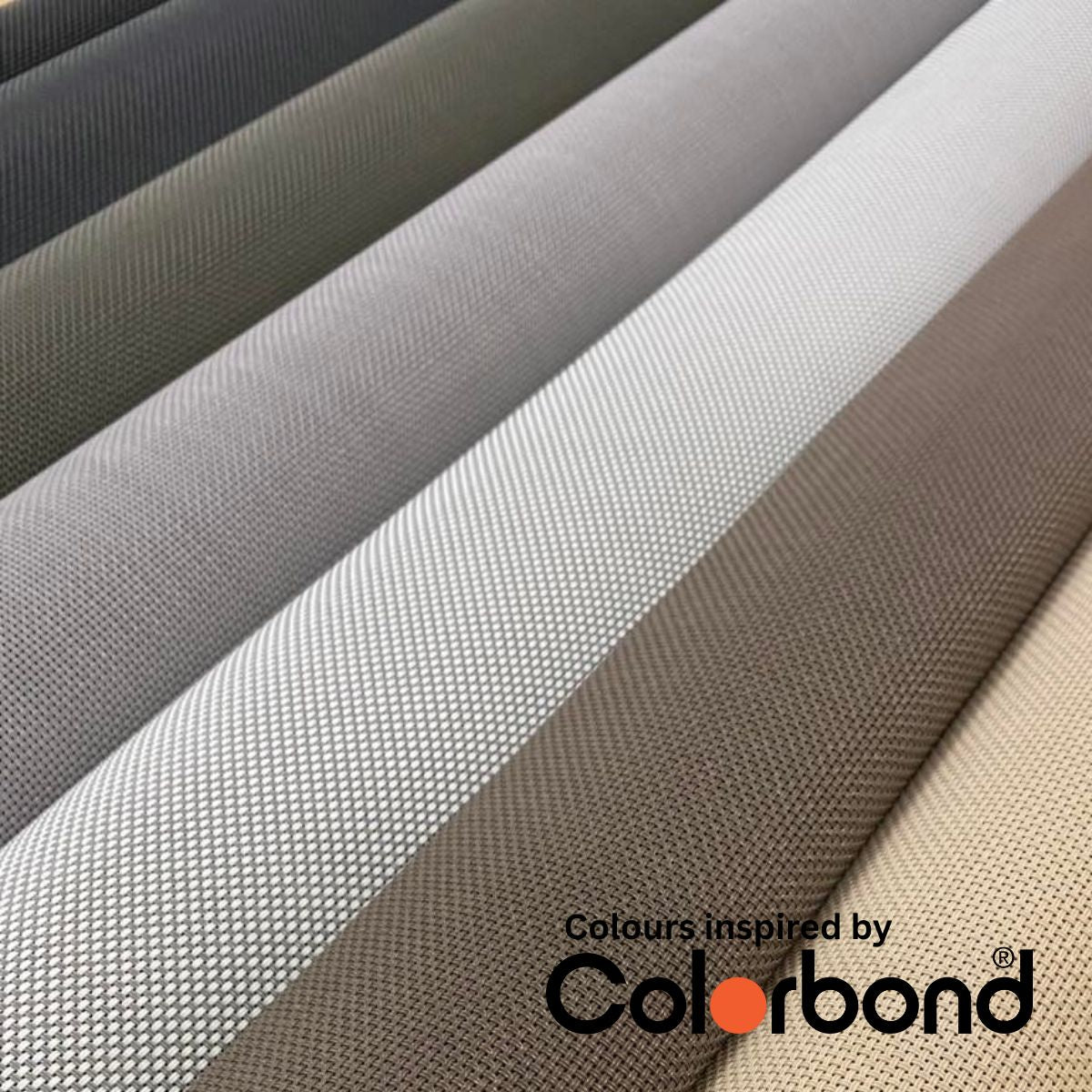 Close up of premium outdoor blind fabrics showing a range of neutral colours designed to suit Brisbane homes