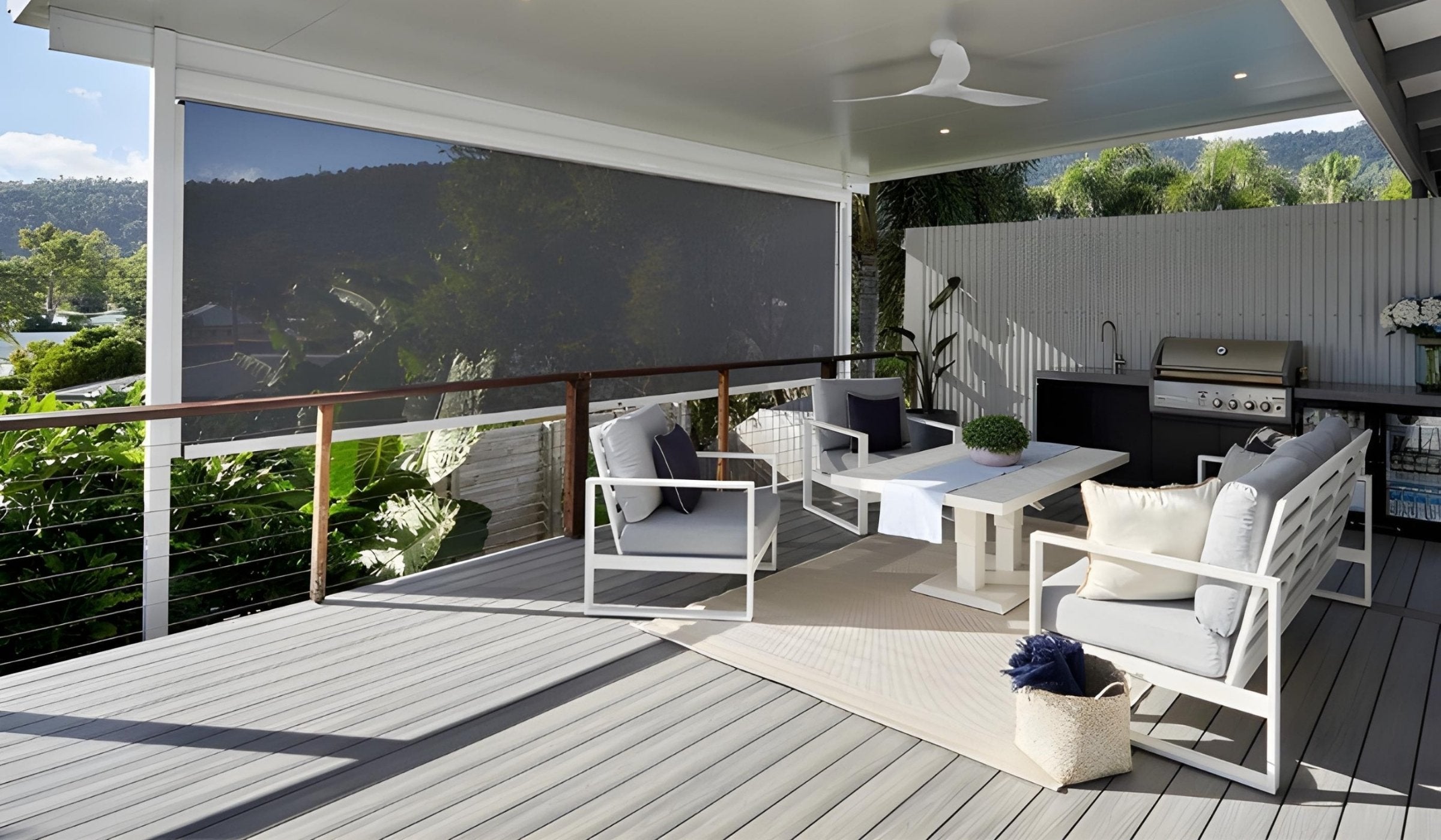 Custom outdoor blinds installed on a Brisbane patio by Horizon Outdoor Blinds